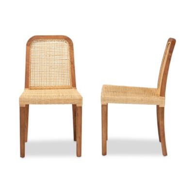 Caspia Mid-Century Modern Walnut Brown Mahogany Wood and Natural Rattan Dining Chairs