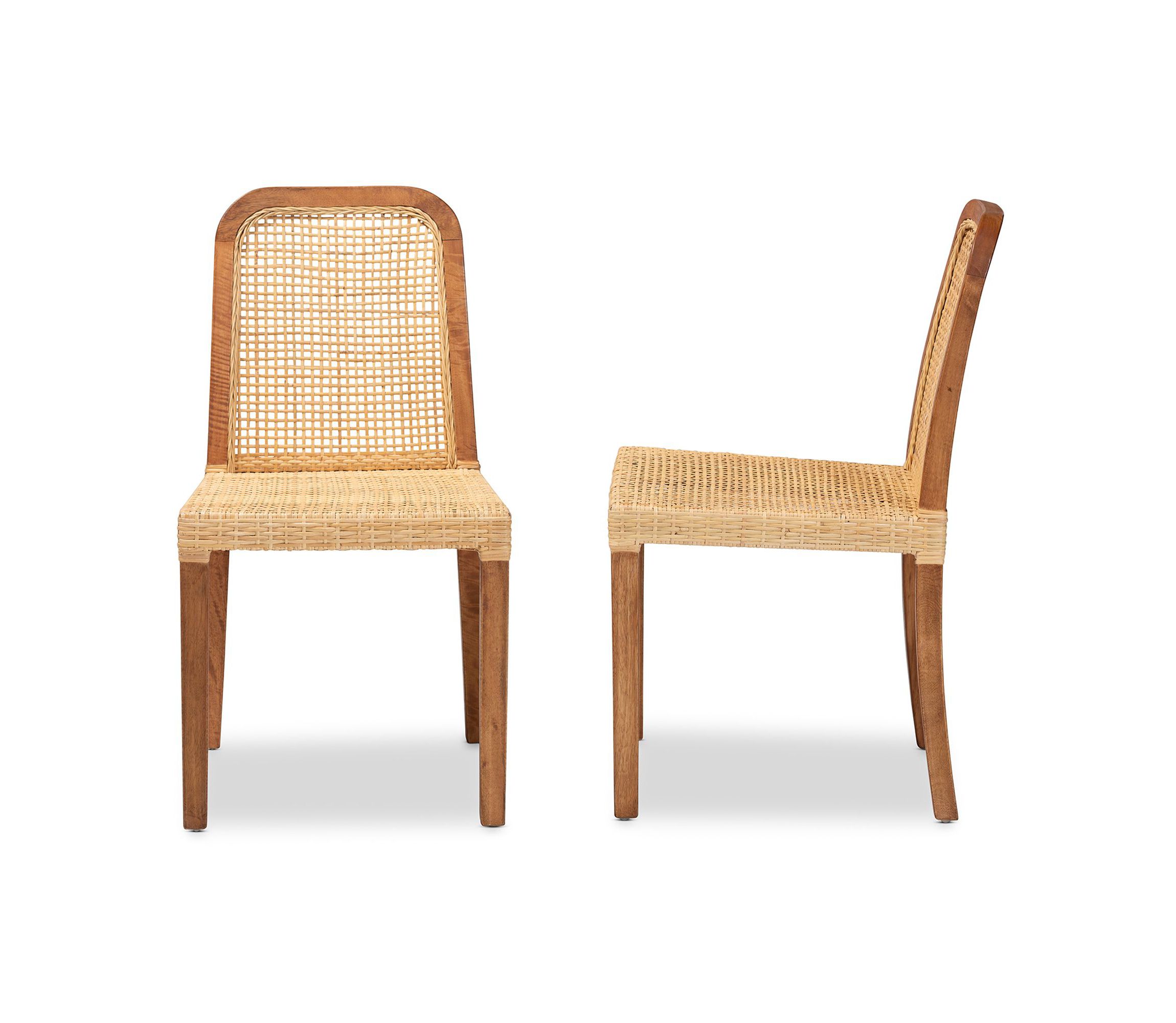 Caspia Mid-Century Modern Walnut Brown Mahogany Wood and Natural Rattan Dining Chairs