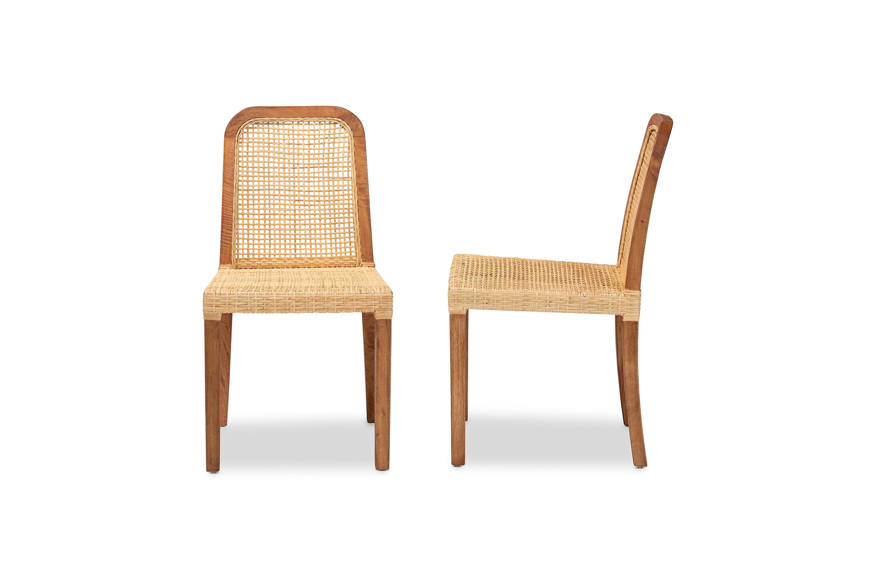 Caspia Mid-Century Modern Walnut Brown Mahogany Wood and Natural Rattan Dining Chairs