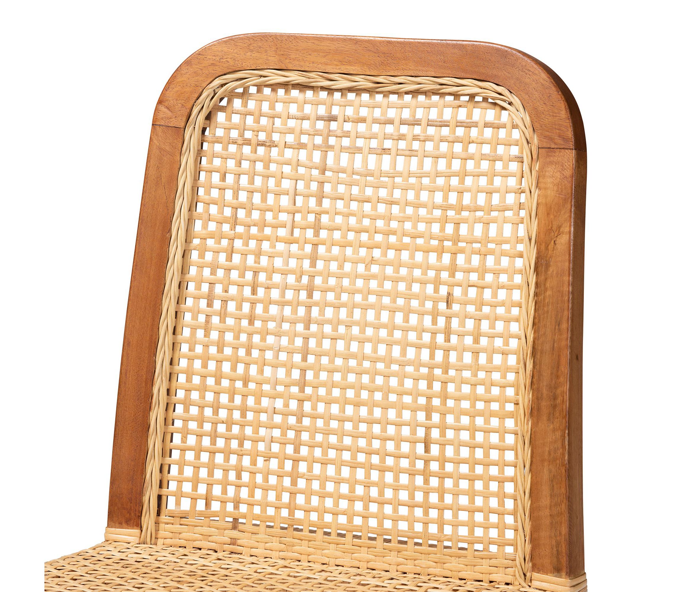 Caspia Mid-Century Modern Walnut Brown Mahogany Wood and Natural Rattan Dining Chairs