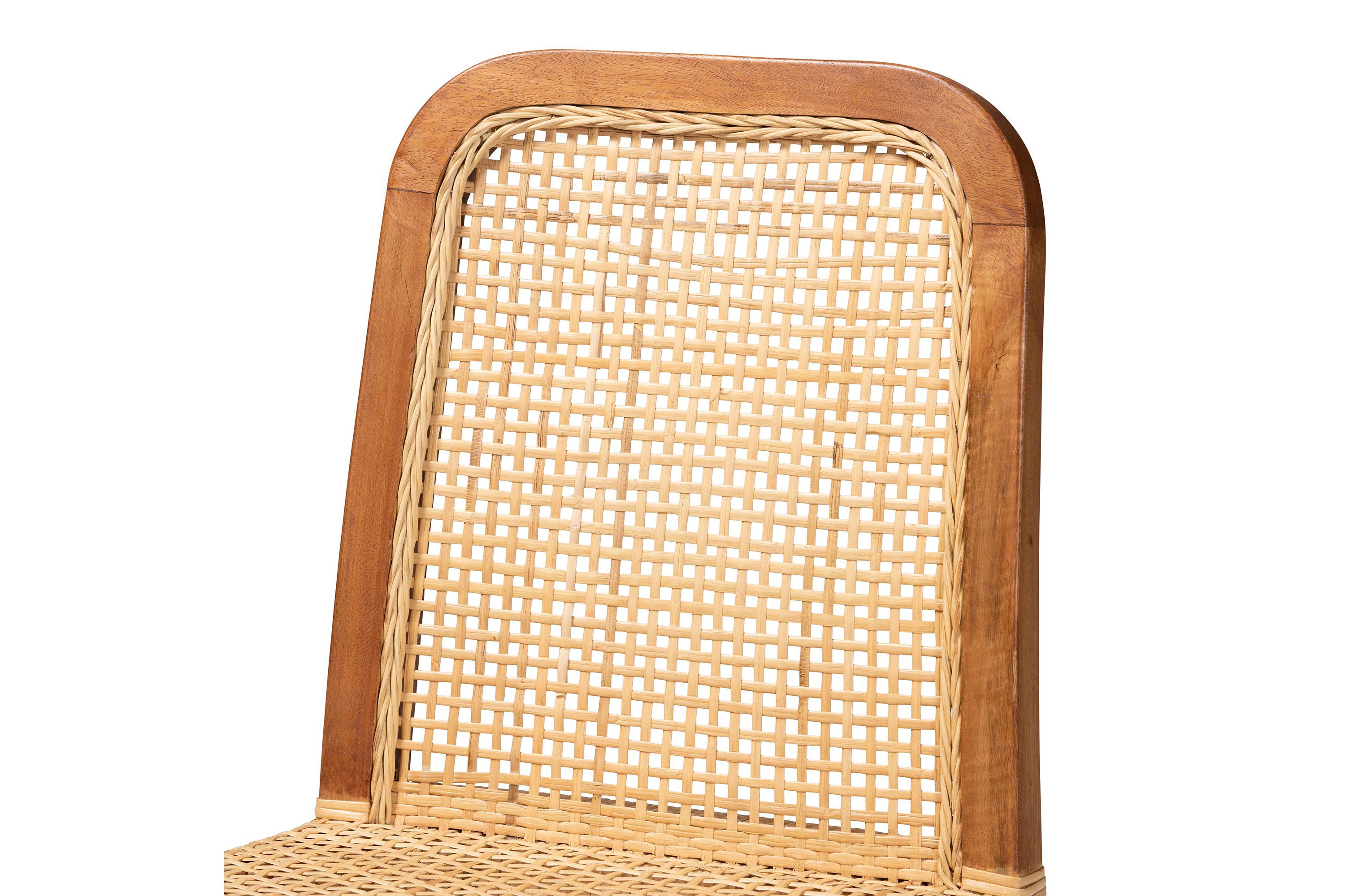 Caspia Mid-Century Modern Walnut Brown Mahogany Wood and Natural Rattan Dining Chairs