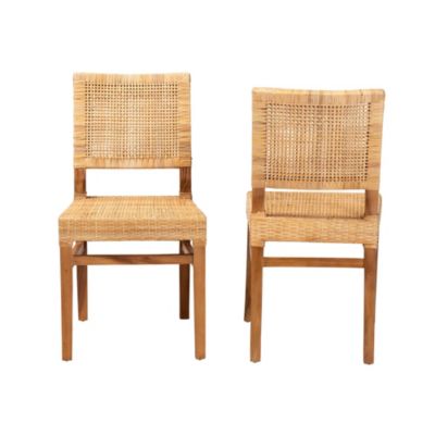 Lesia Modern Bohemian Natural Brown Rattan and Walnut Brown Mahogany Wood Dining Chairs