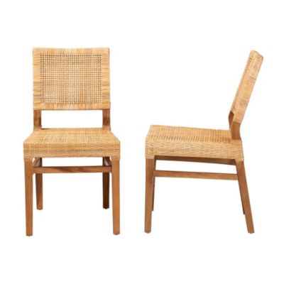 Lesia Modern Bohemian Natural Brown Rattan and Walnut Brown Mahogany Wood Dining Chairs