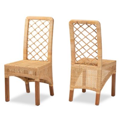 Moscow Modern Bohemian Natural Brown Rattan and Walnut Brown Mahogany Wood Dining Chairs