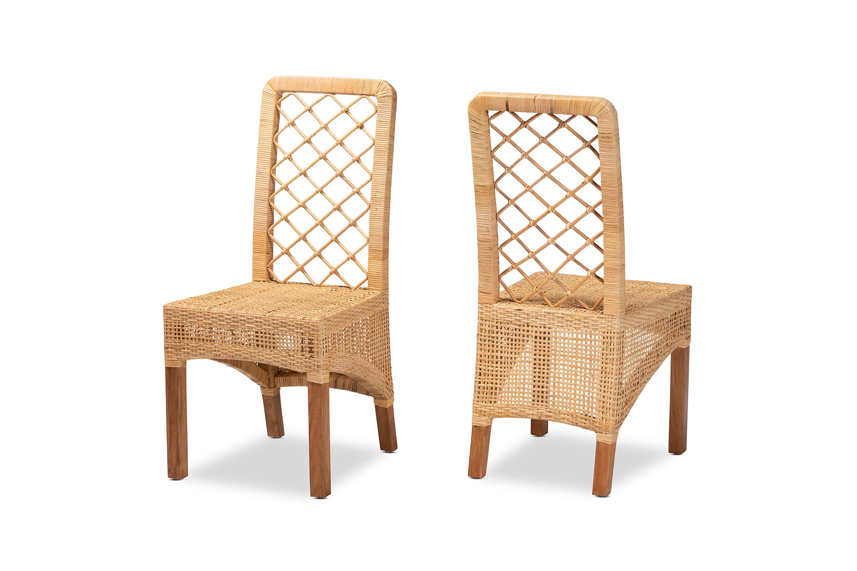 Moscow Modern Bohemian Natural Brown Rattan and Walnut Brown Mahogany Wood Dining Chairs