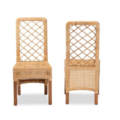 Moscow Modern Bohemian Natural Brown Rattan and Walnut Brown Mahogany Wood Dining Chairs