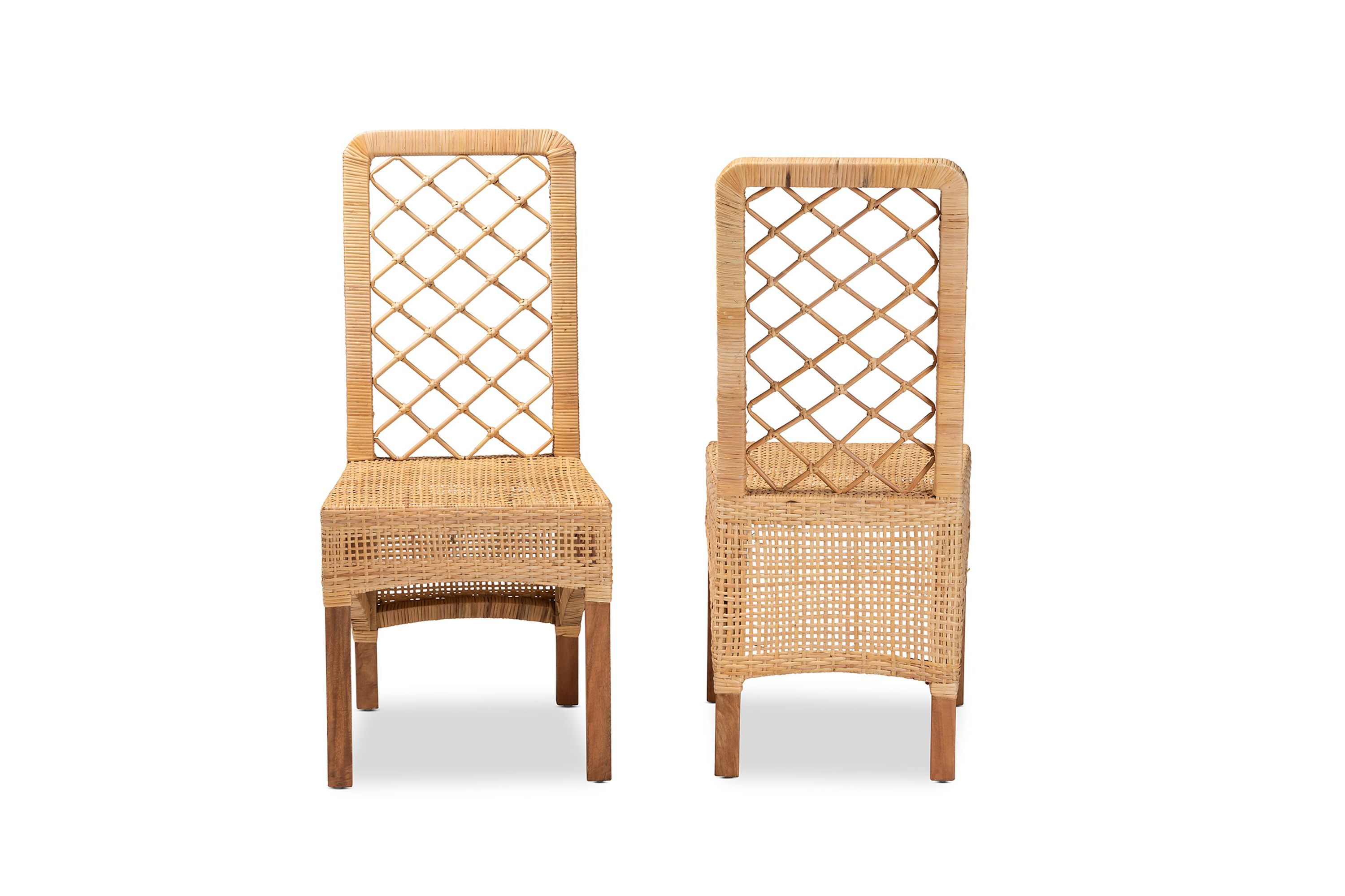 Moscow Modern Bohemian Natural Brown Rattan and Walnut Brown Mahogany Wood Dining Chairs