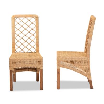 Moscow Modern Bohemian Natural Brown Rattan and Walnut Brown Mahogany Wood Dining Chairs