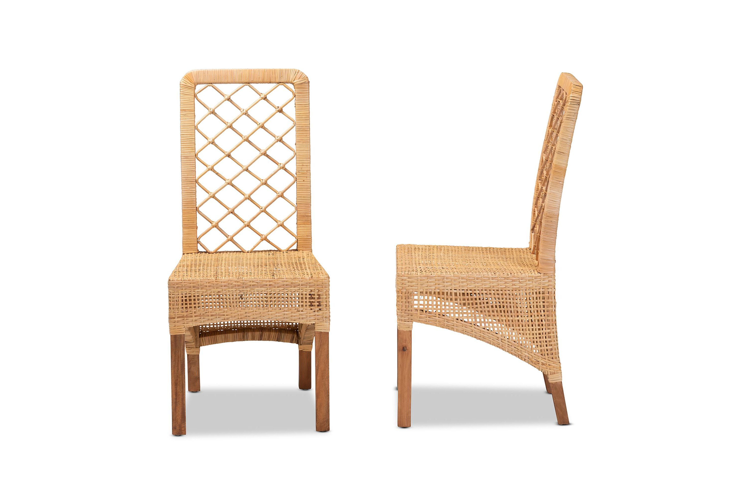 Moscow Modern Bohemian Natural Brown Rattan and Walnut Brown Mahogany Wood Dining Chairs