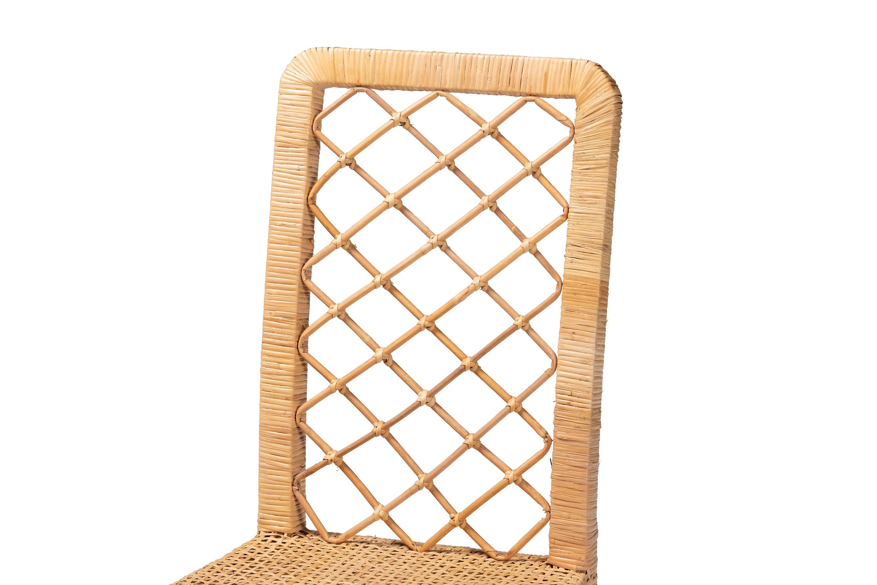 Moscow Modern Bohemian Natural Brown Rattan and Walnut Brown Mahogany Wood Dining Chairs
