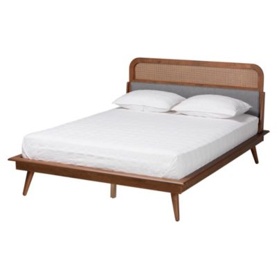 Irina Mid-Century Modern Grey Fabric and Ash Walnut Finished Wood Queen Size Platform Bed