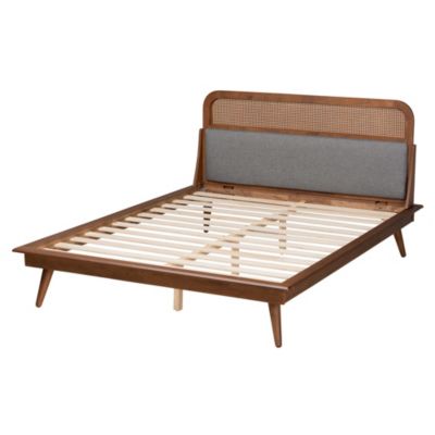 Irina Mid-Century Modern Grey Fabric and Ash Walnut Finished Wood Queen Size Platform Bed