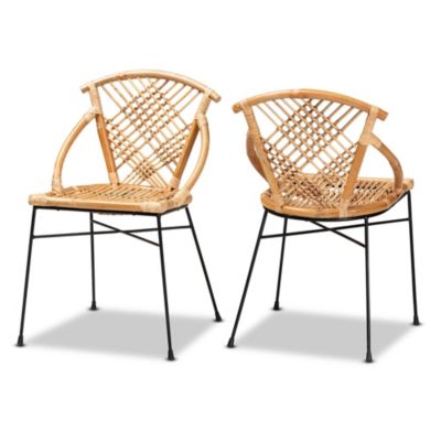 Baxton Studio Pro Modern Bohemian Natural Brown Rattan and Black Metal Dining Chairs
