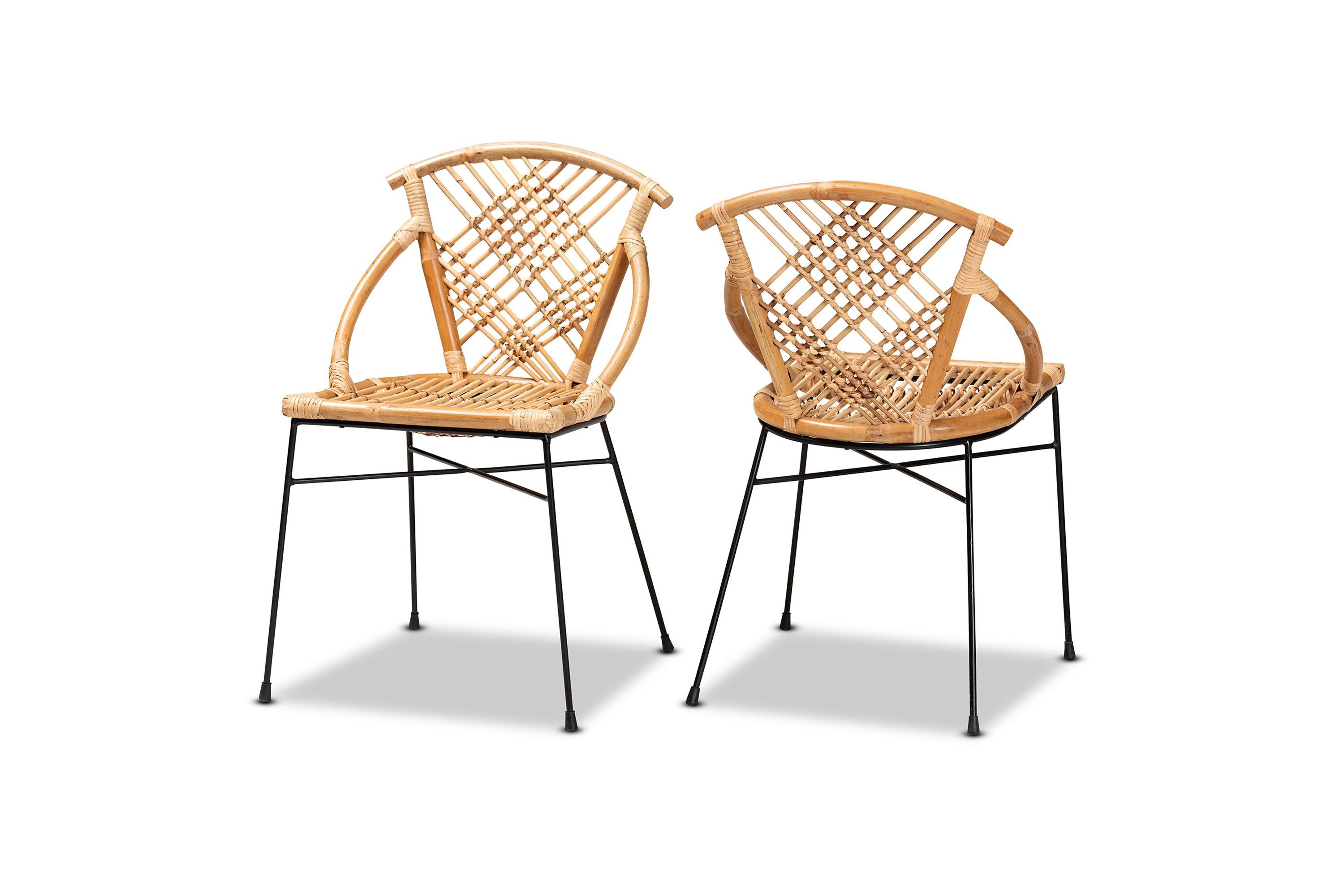 Pro Modern Bohemian Natural Brown Rattan and Black Metal Dining Chairs