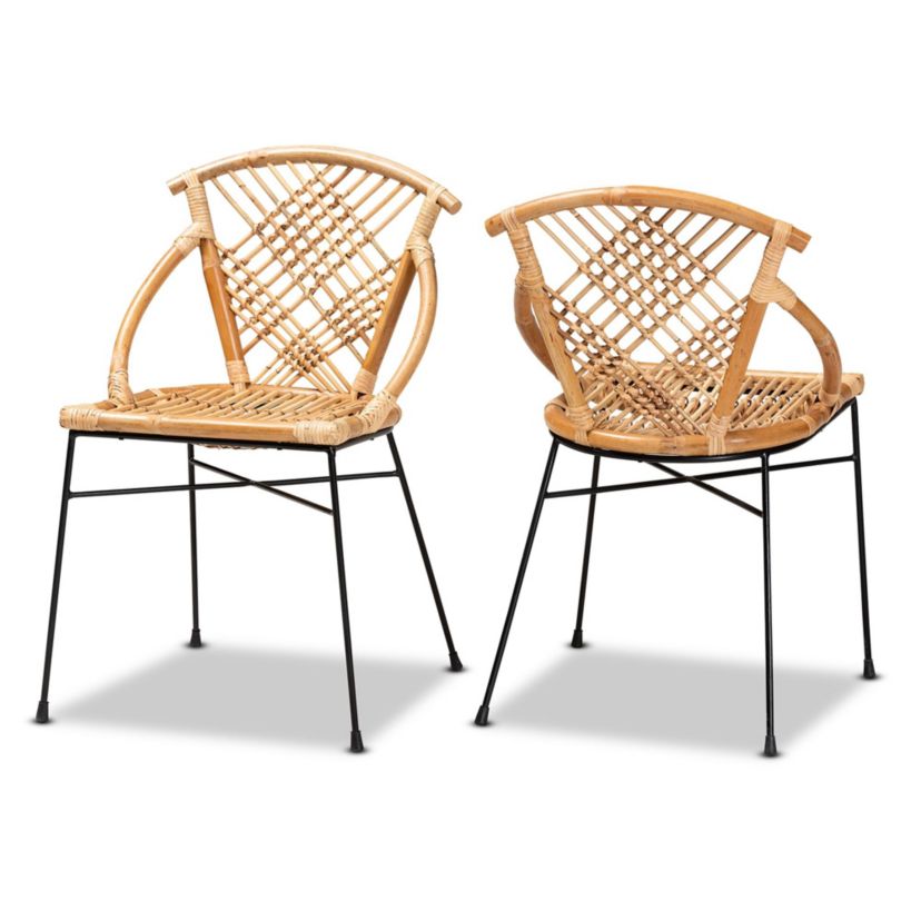 Pro Modern Bohemian Natural Brown Rattan and Black Metal Dining Chairs