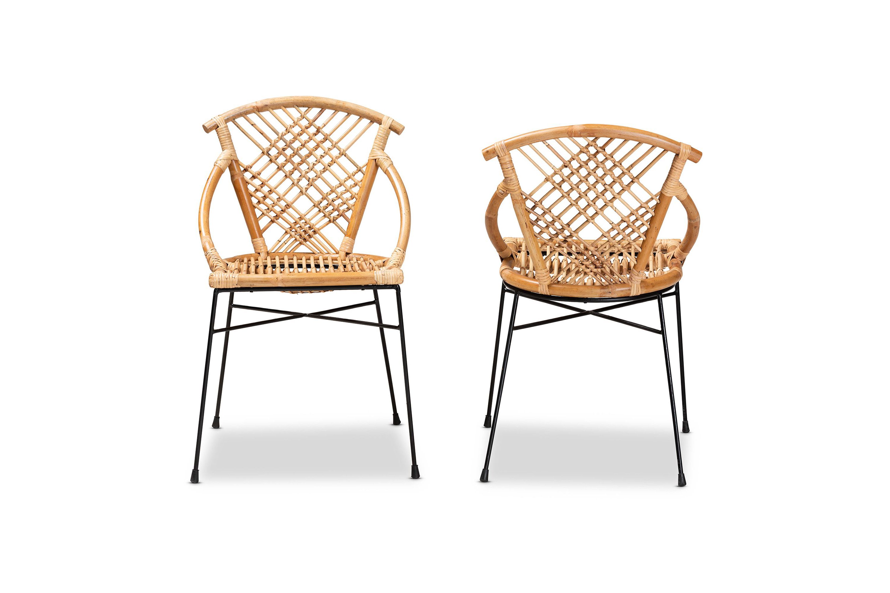 Pro Modern Bohemian Natural Brown Rattan and Black Metal Dining Chairs