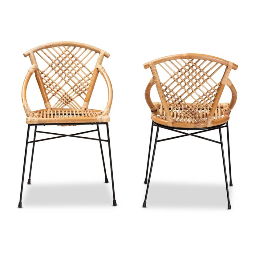 Pro Modern Bohemian Natural Brown Rattan and Black Metal Dining Chairs