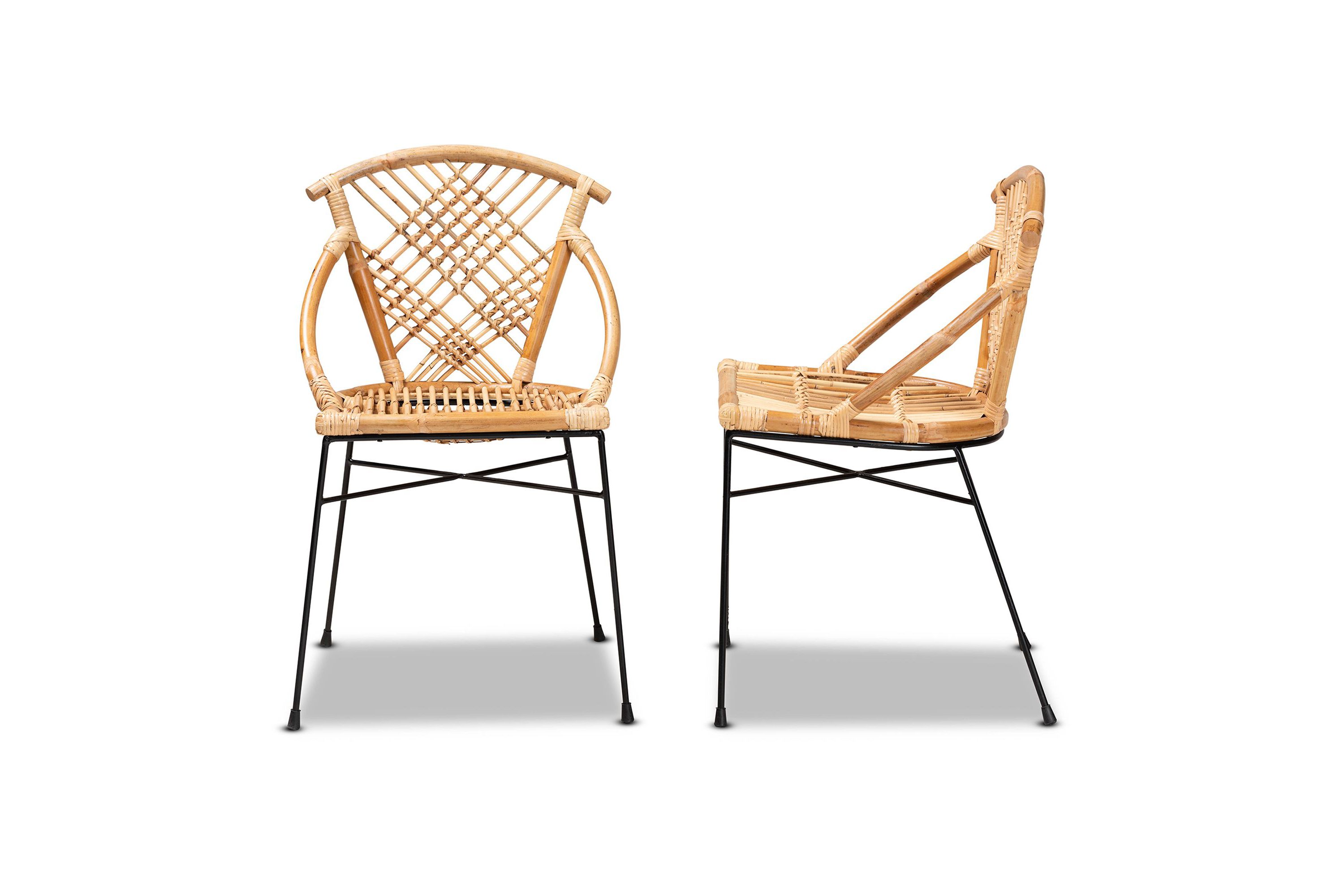 Pro Modern Bohemian Natural Brown Rattan and Black Metal Dining Chairs