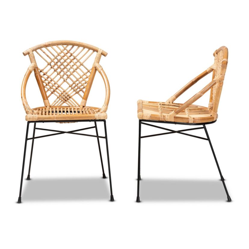 Pro Modern Bohemian Natural Brown Rattan and Black Metal Dining Chairs