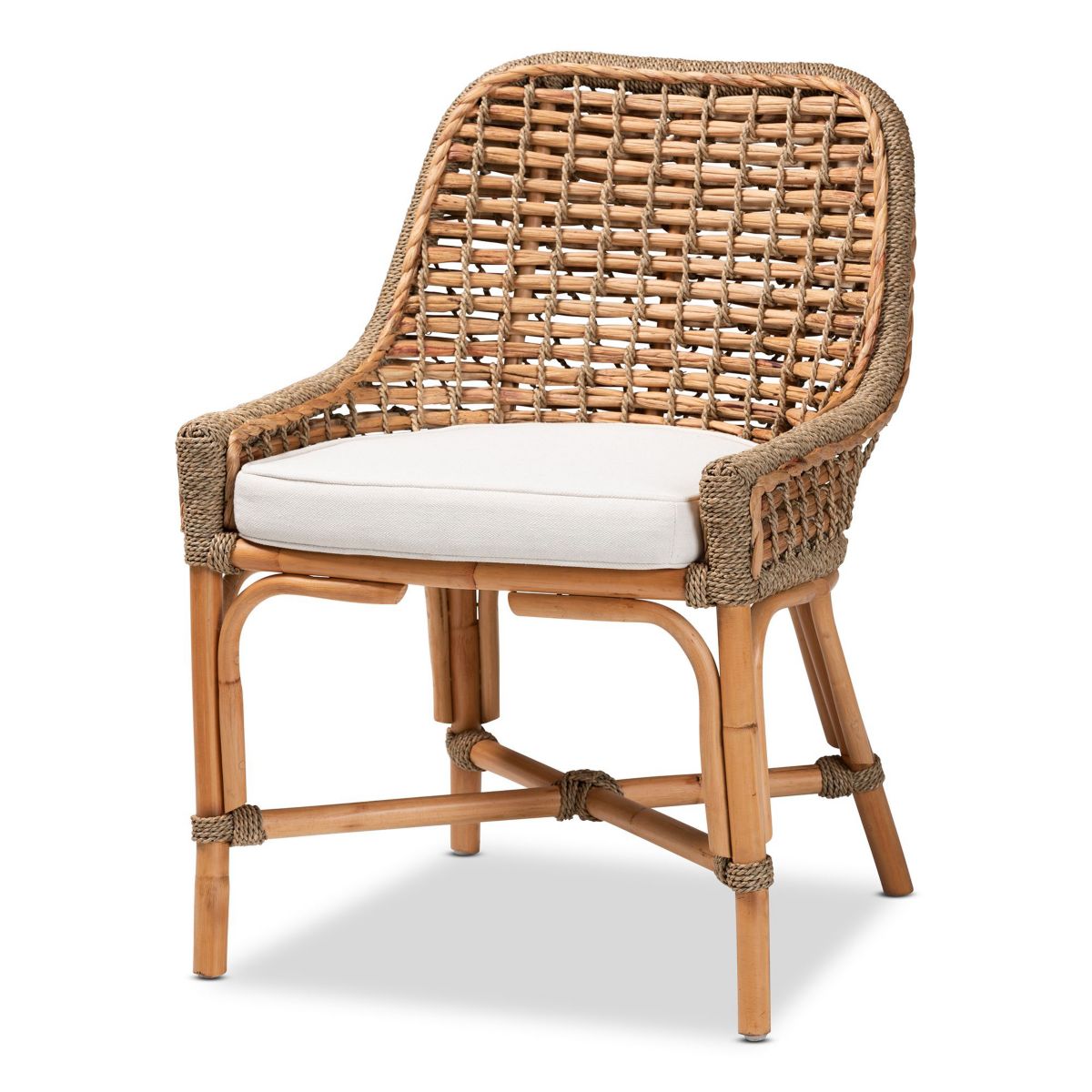 Kyle Modern Bohemian Natural Brown Woven Rattan Dining Side Chair With Cushion