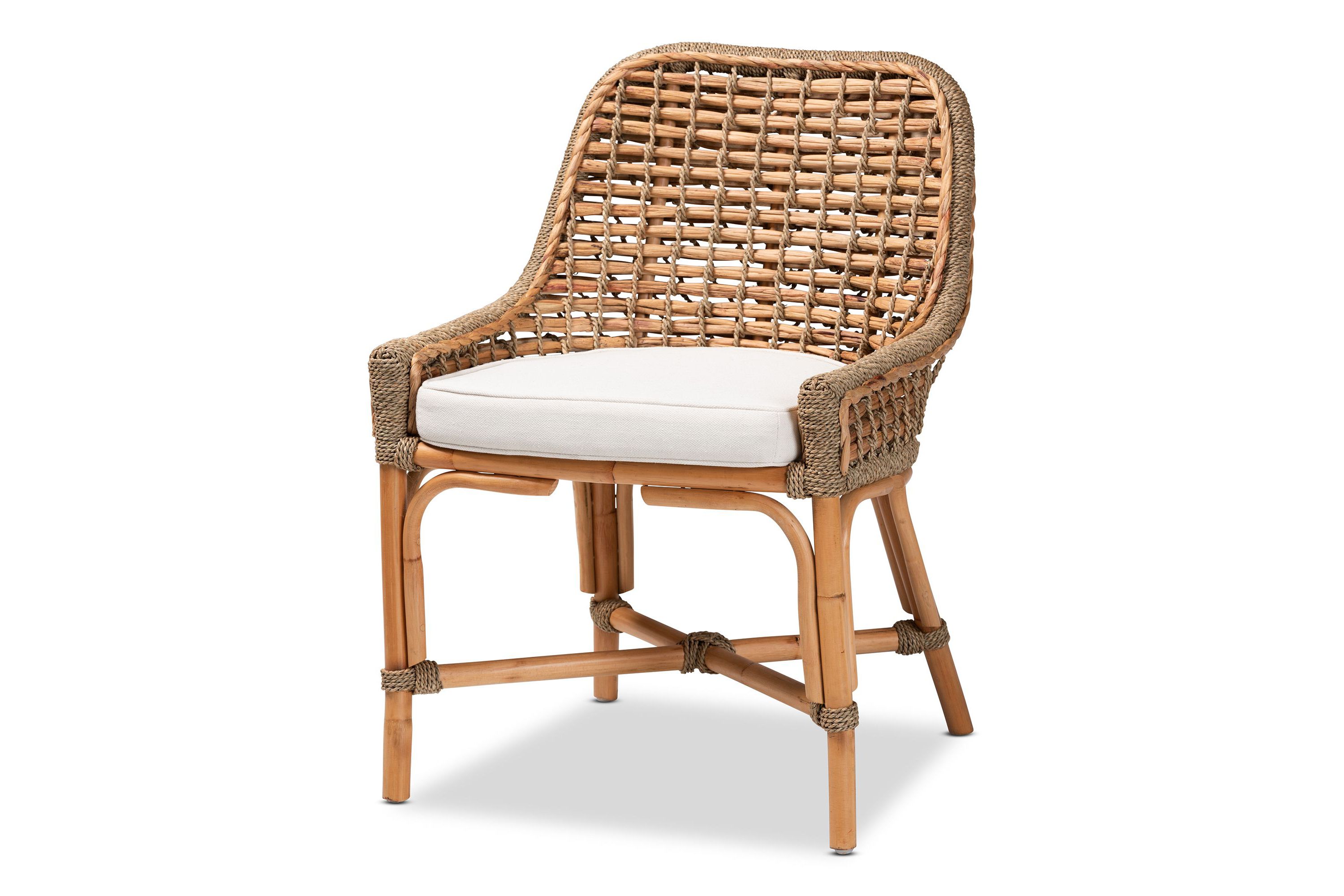 Kyle Modern Bohemian Natural Brown Woven Rattan Dining Side Chair With Cushion
