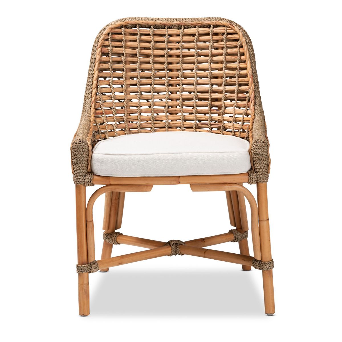 Kyle Modern Bohemian Natural Brown Woven Rattan Dining Side Chair With Cushion