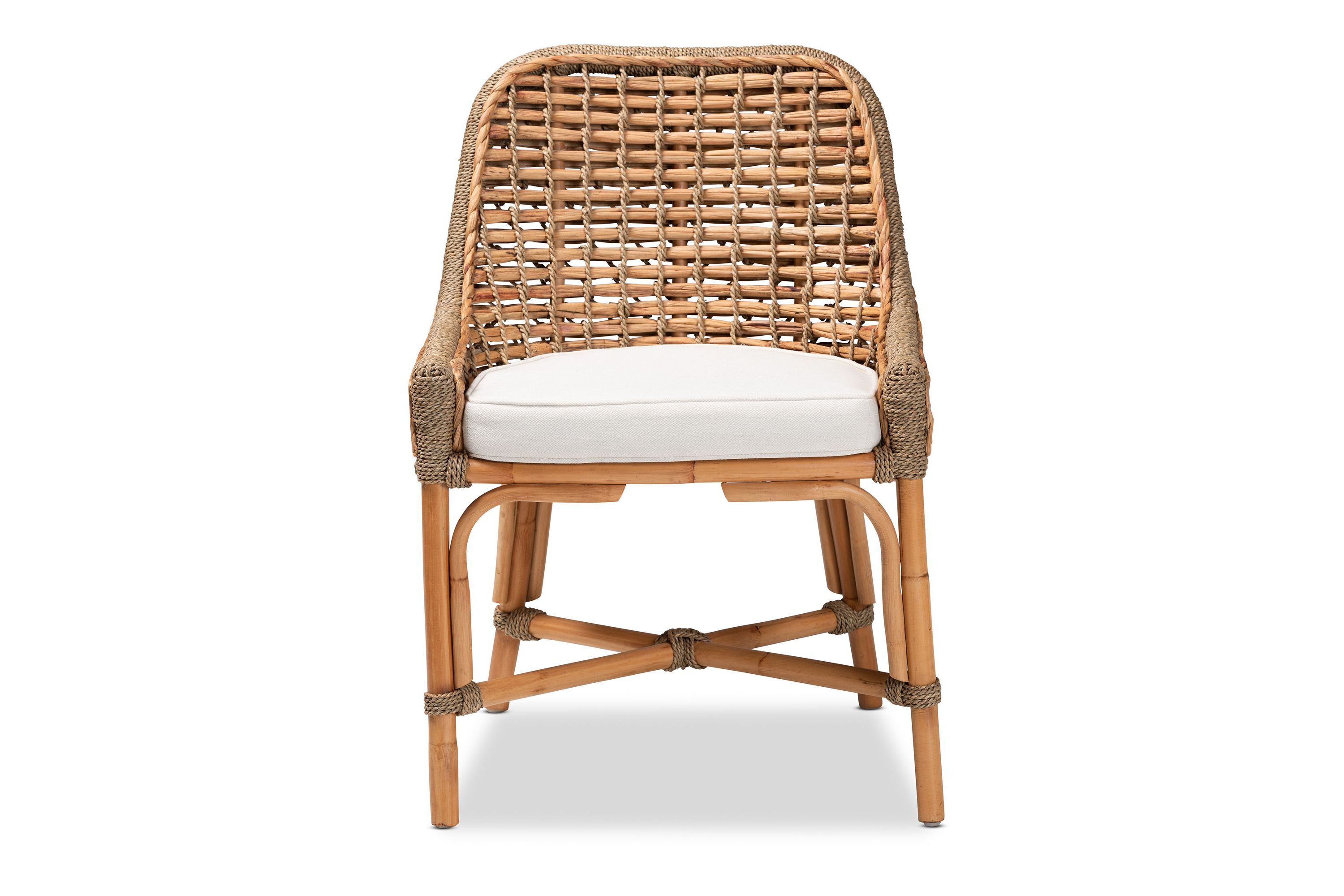 Kyle Modern Bohemian Natural Brown Woven Rattan Dining Side Chair With Cushion