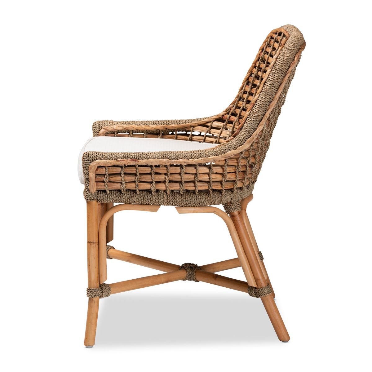 Kyle Modern Bohemian Natural Brown Woven Rattan Dining Side Chair With Cushion