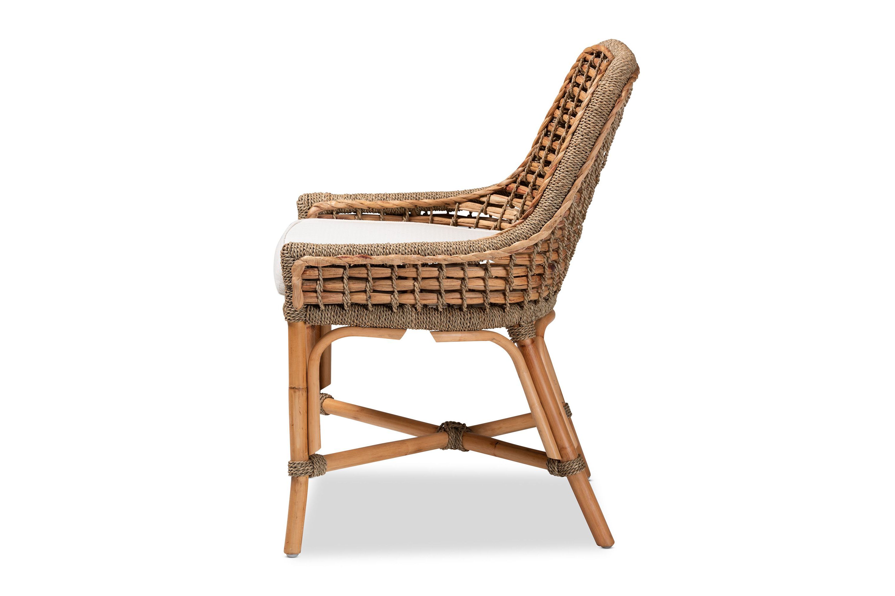 Kyle Modern Bohemian Natural Brown Woven Rattan Dining Side Chair With Cushion