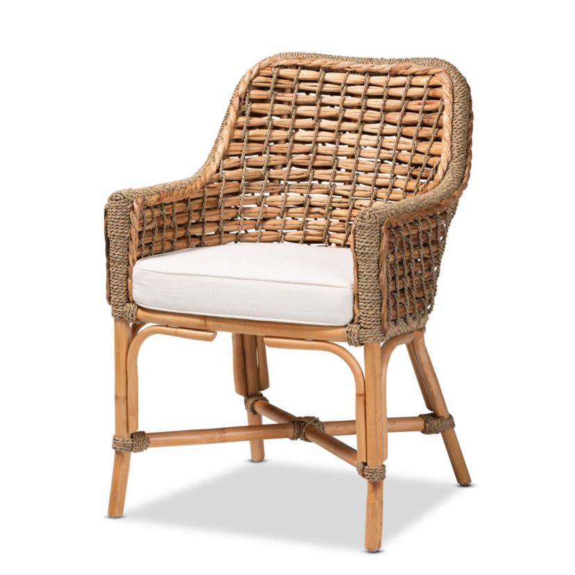 Kyle Modern Bohemian Natural Brown Woven Rattan Dining Arm Chair with Cushion