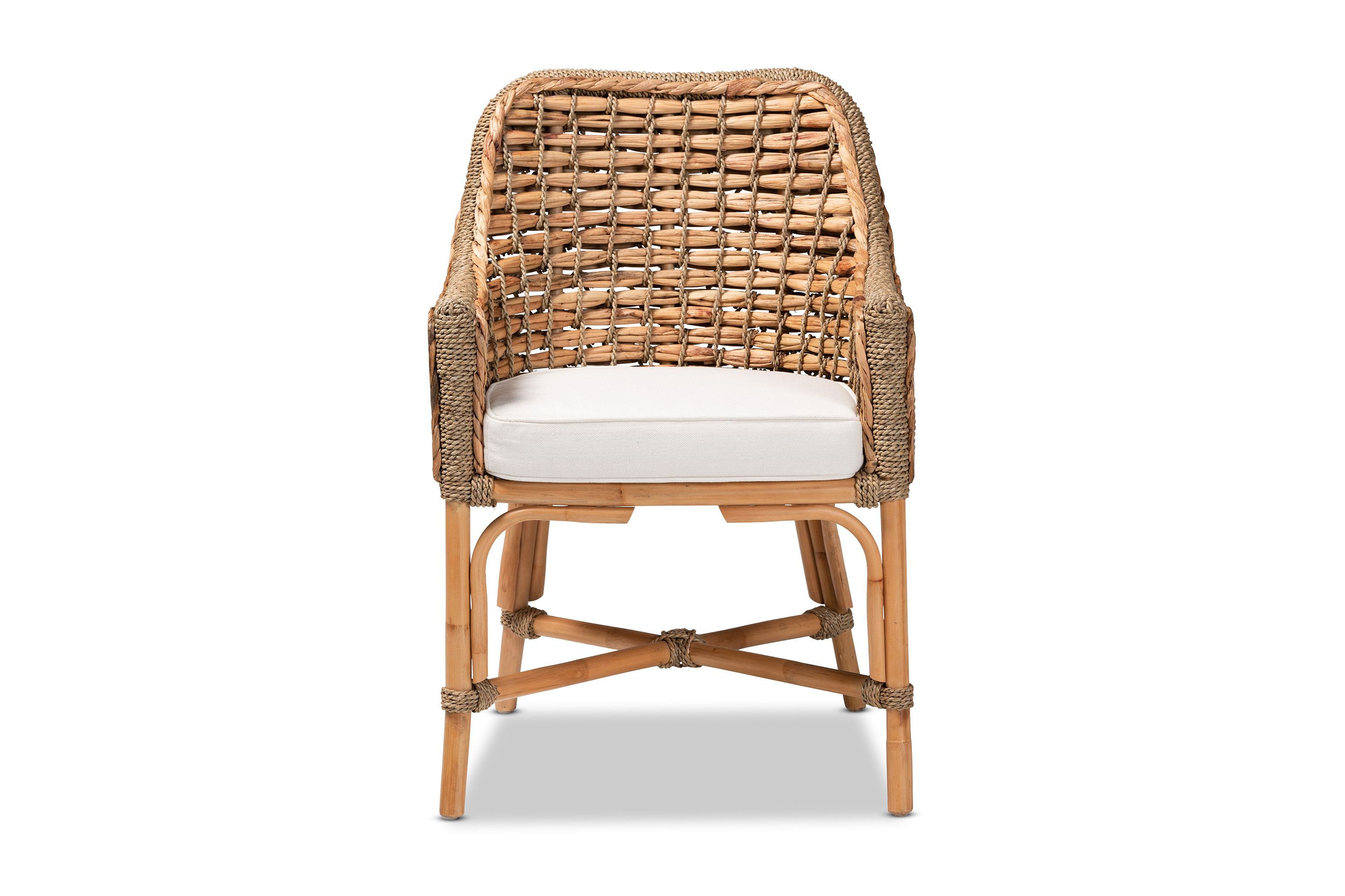 Kyle Modern Bohemian Natural Brown Woven Rattan Dining Arm Chair with Cushion