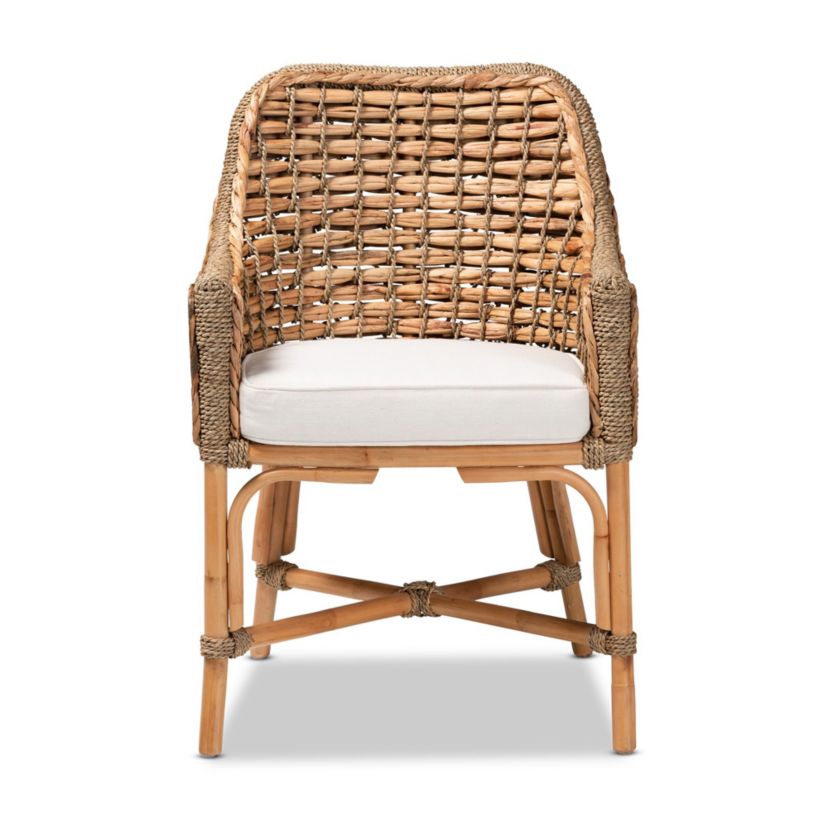 Kyle Modern Bohemian Natural Brown Woven Rattan Dining Arm Chair with Cushion