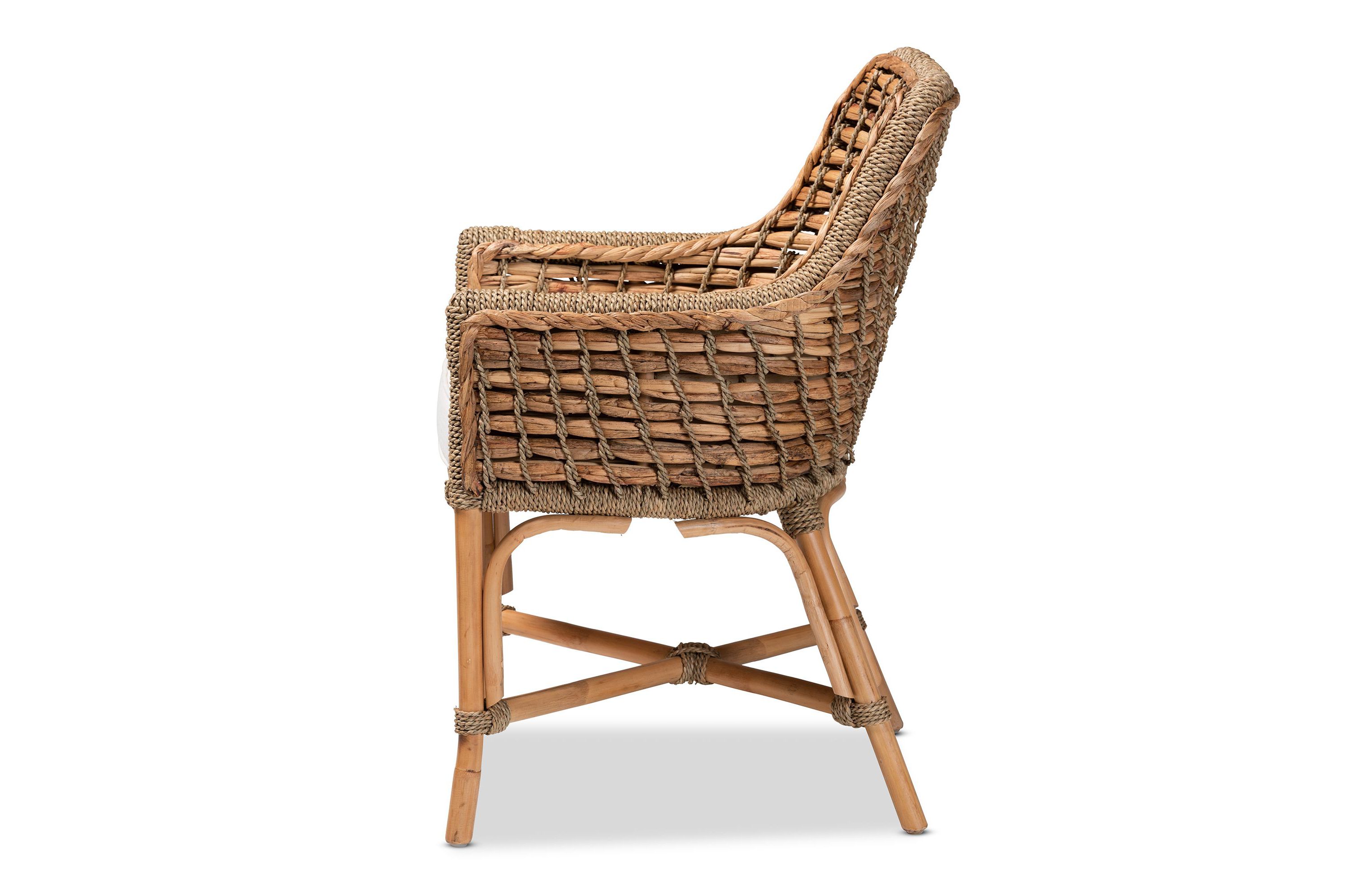 Kyle Modern Bohemian Natural Brown Woven Rattan Dining Arm Chair with Cushion