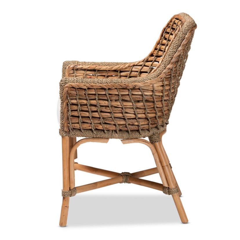 Kyle Modern Bohemian Natural Brown Woven Rattan Dining Arm Chair with Cushion