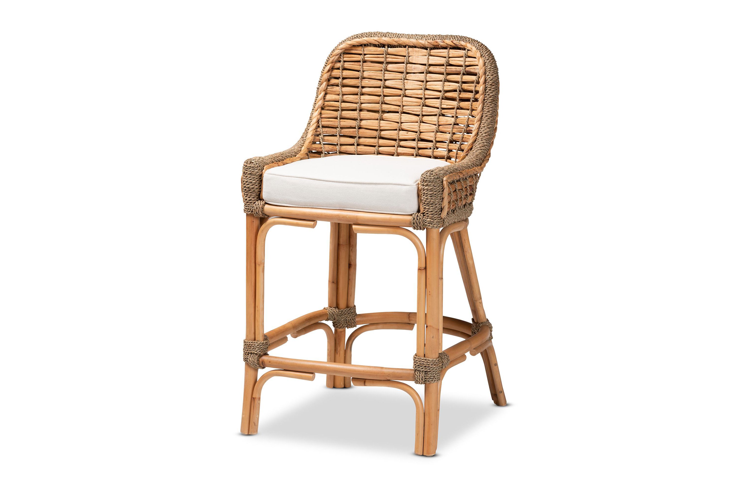 Kyle Modern Bohemian Natural Brown Woven Rattan Counter Stool with Cushion