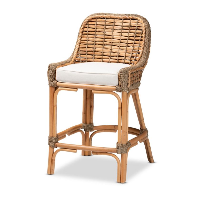 Kyle Modern Bohemian Natural Brown Woven Rattan Counter Stool with Cushion