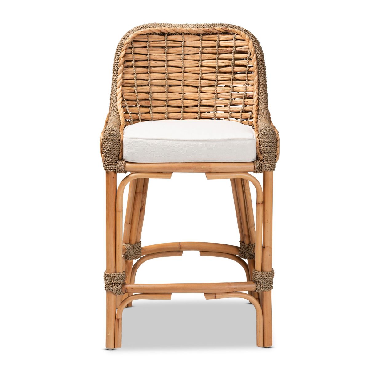 Kyle Modern Bohemian Natural Brown Woven Rattan Counter Stool with Cushion