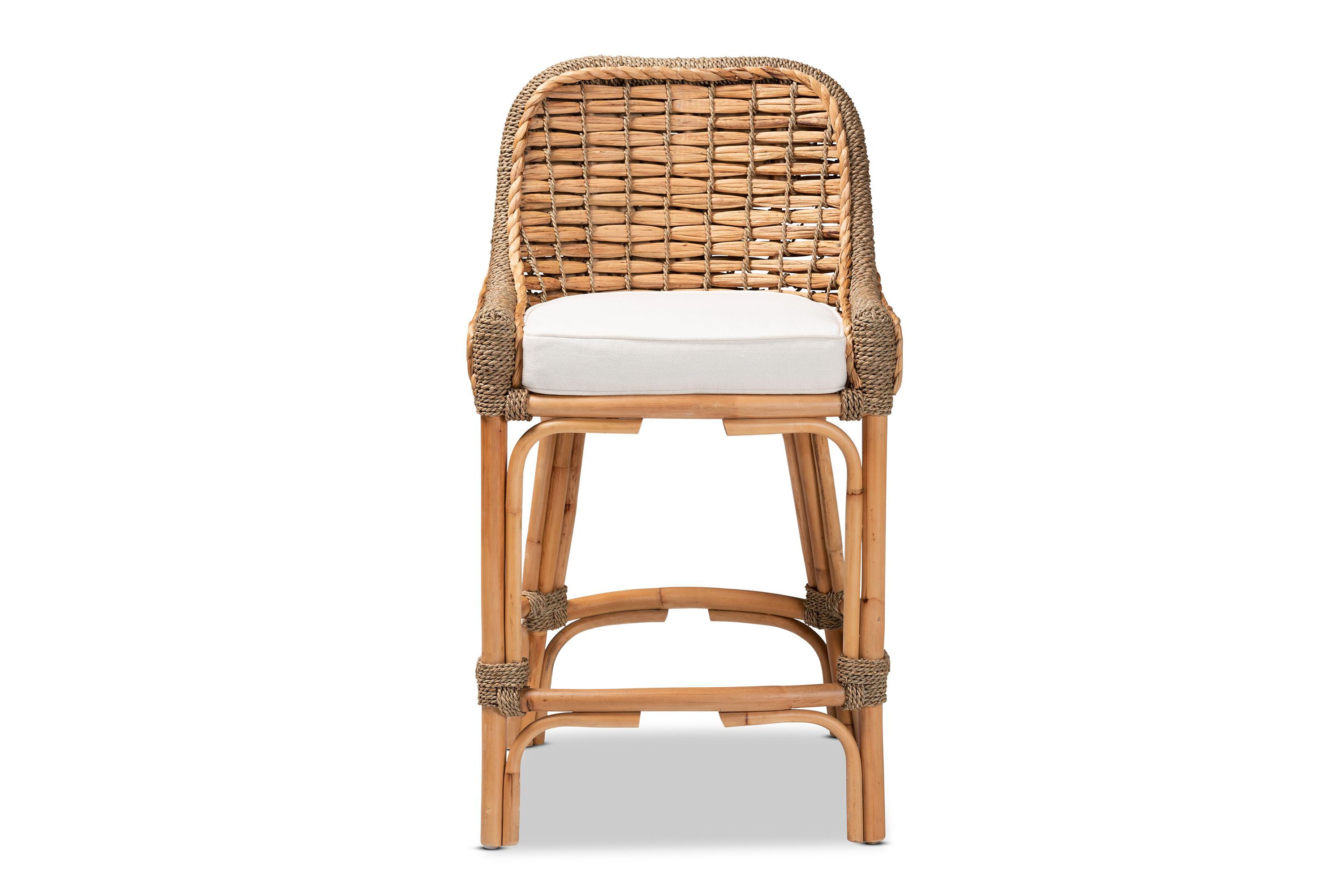 Kyle Modern Bohemian Natural Brown Woven Rattan Counter Stool with Cushion