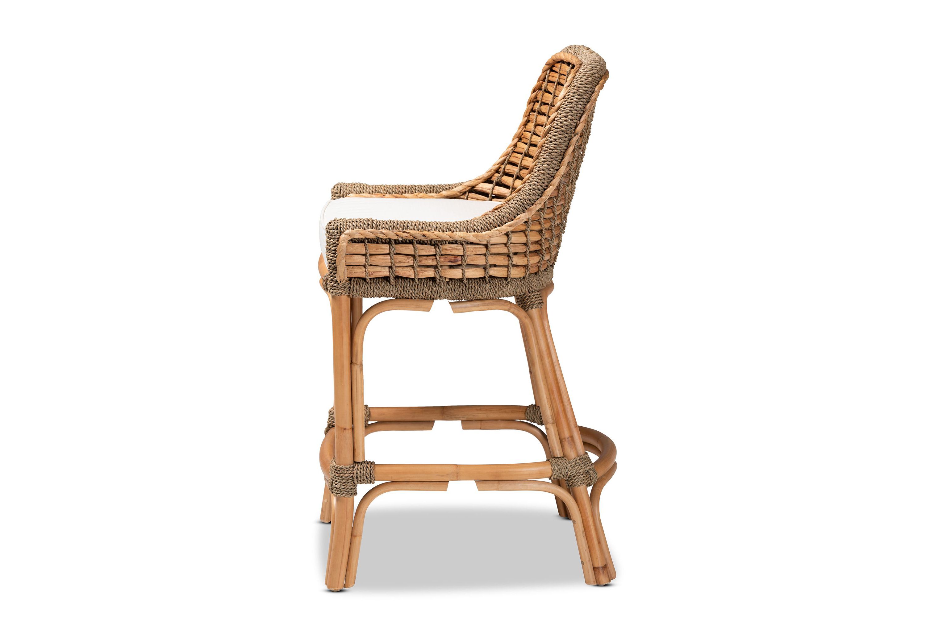 Kyle Modern Bohemian Natural Brown Woven Rattan Counter Stool with Cushion
