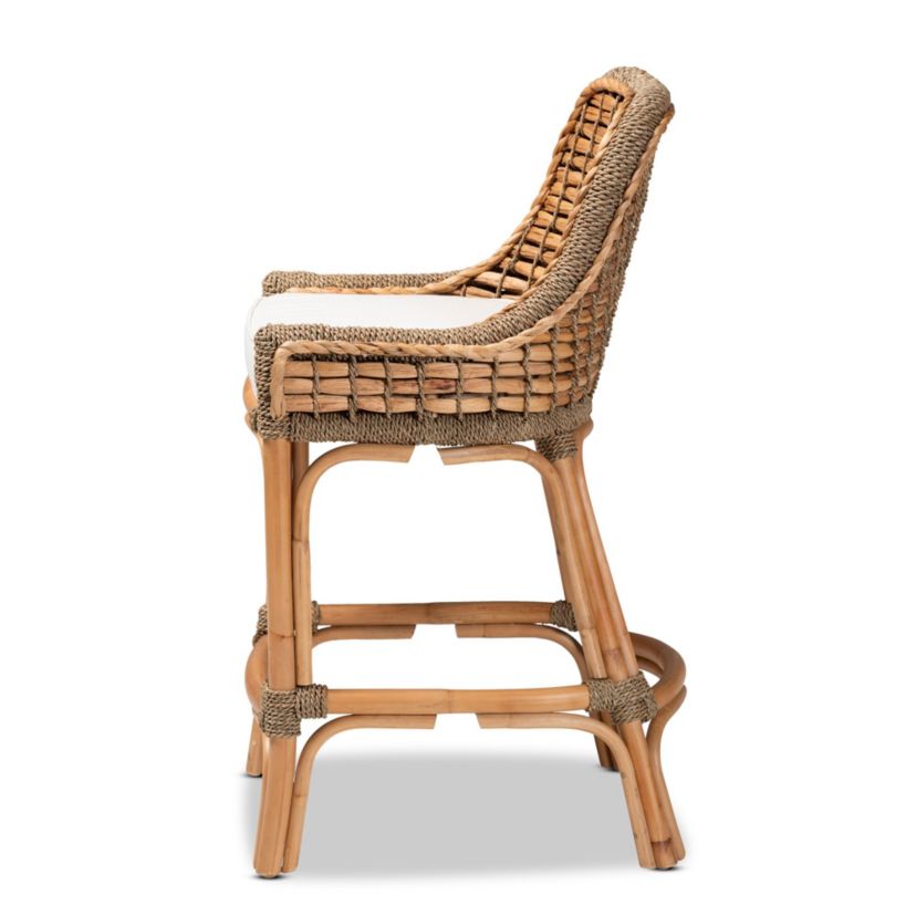 Kyle Modern Bohemian Natural Brown Woven Rattan Counter Stool with Cushion