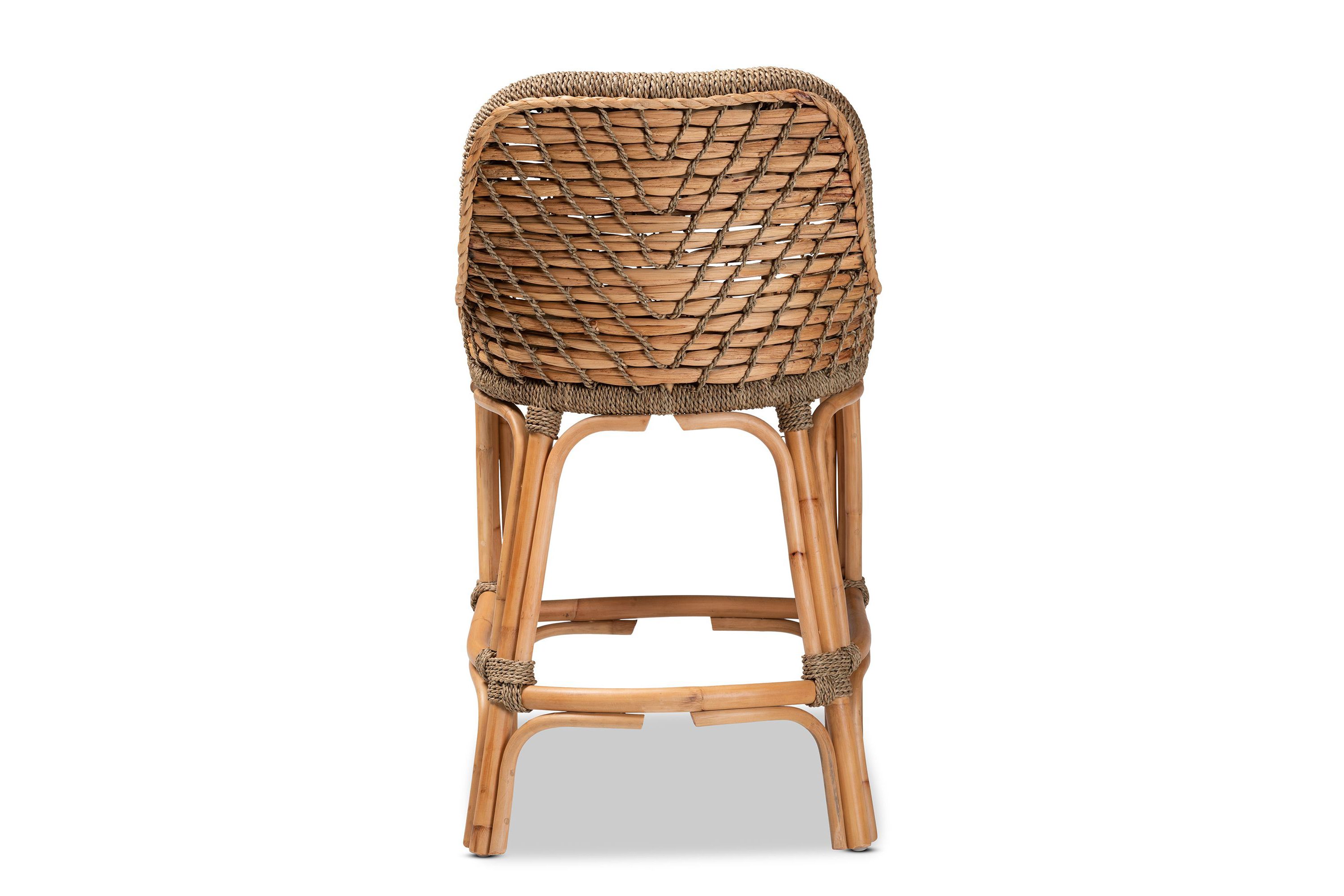 Kyle Modern Bohemian Natural Brown Woven Rattan Counter Stool with Cushion