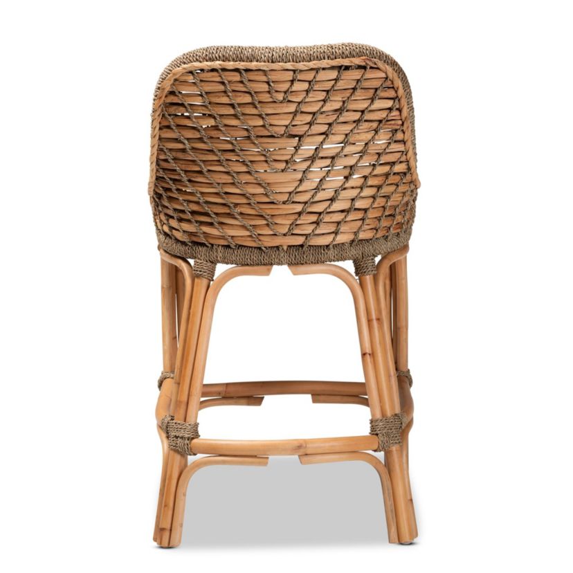 Kyle Modern Bohemian Natural Brown Woven Rattan Counter Stool with Cushion