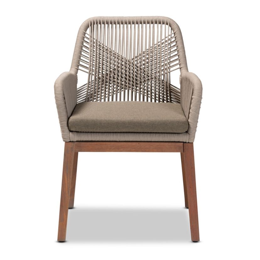 Jennifer Mid-Century Transitional Grey Woven Rope Mahogany Dining Arm Chair