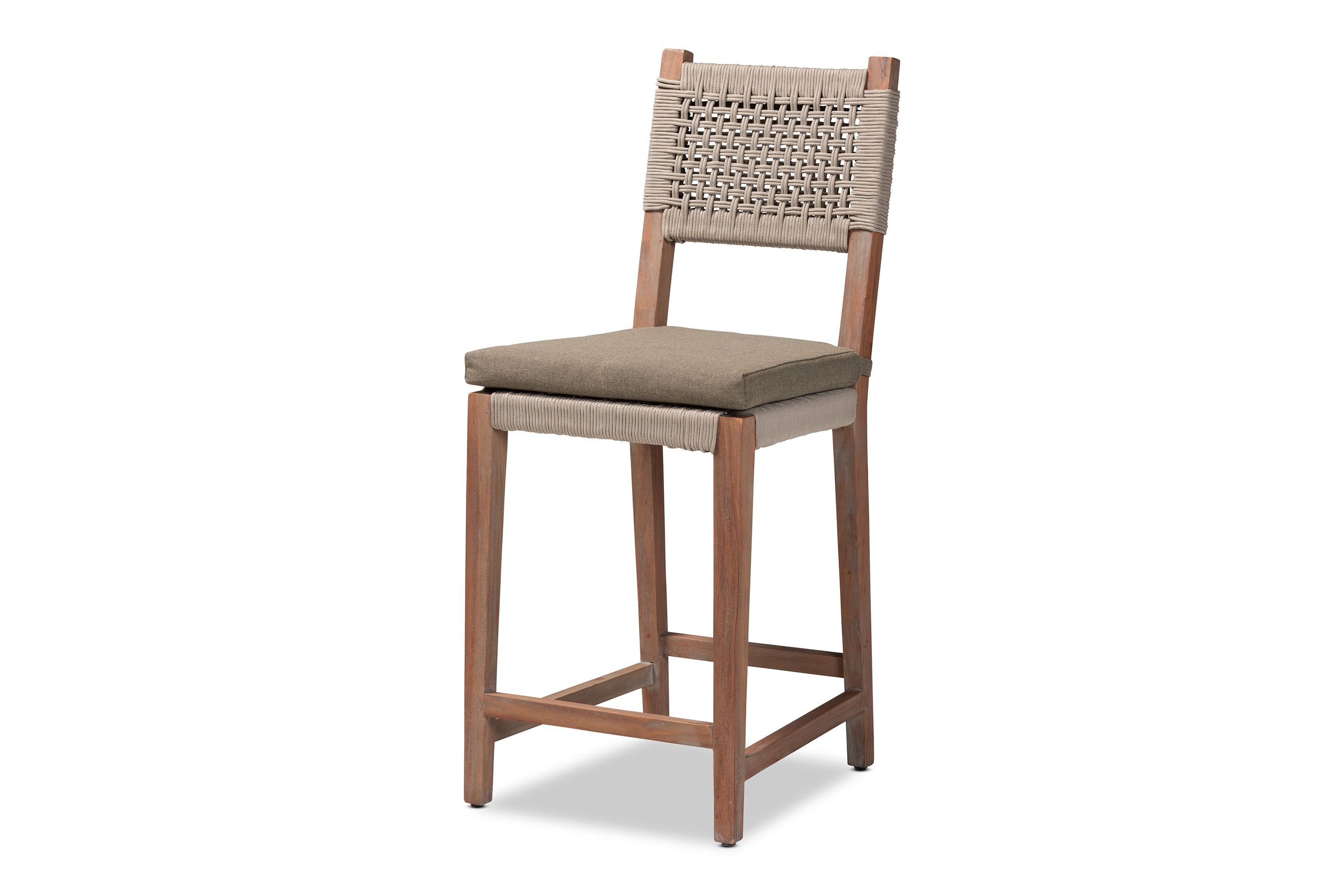 Heyna Mid-Century Transitional Grey Woven Rope Mahogany Counter Stool