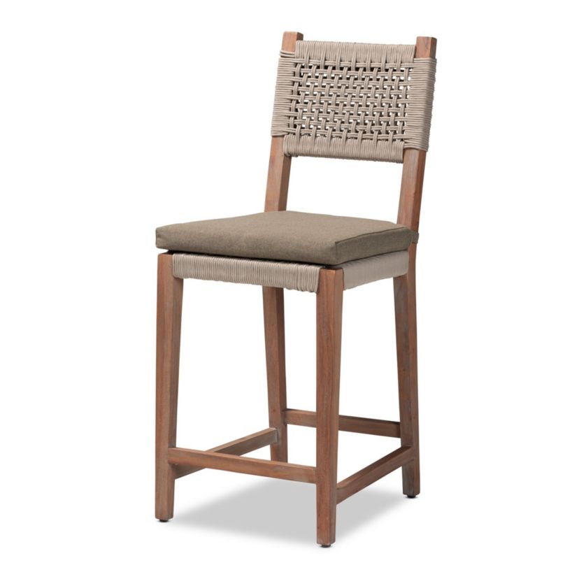 Heyna Mid-Century Transitional Grey Woven Rope Mahogany Counter Stool