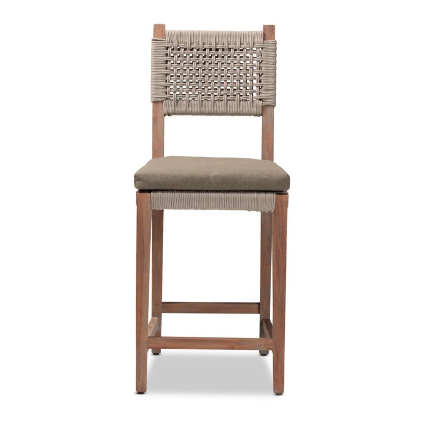 Heyna Mid-Century Transitional Grey Woven Rope Mahogany Counter Stool