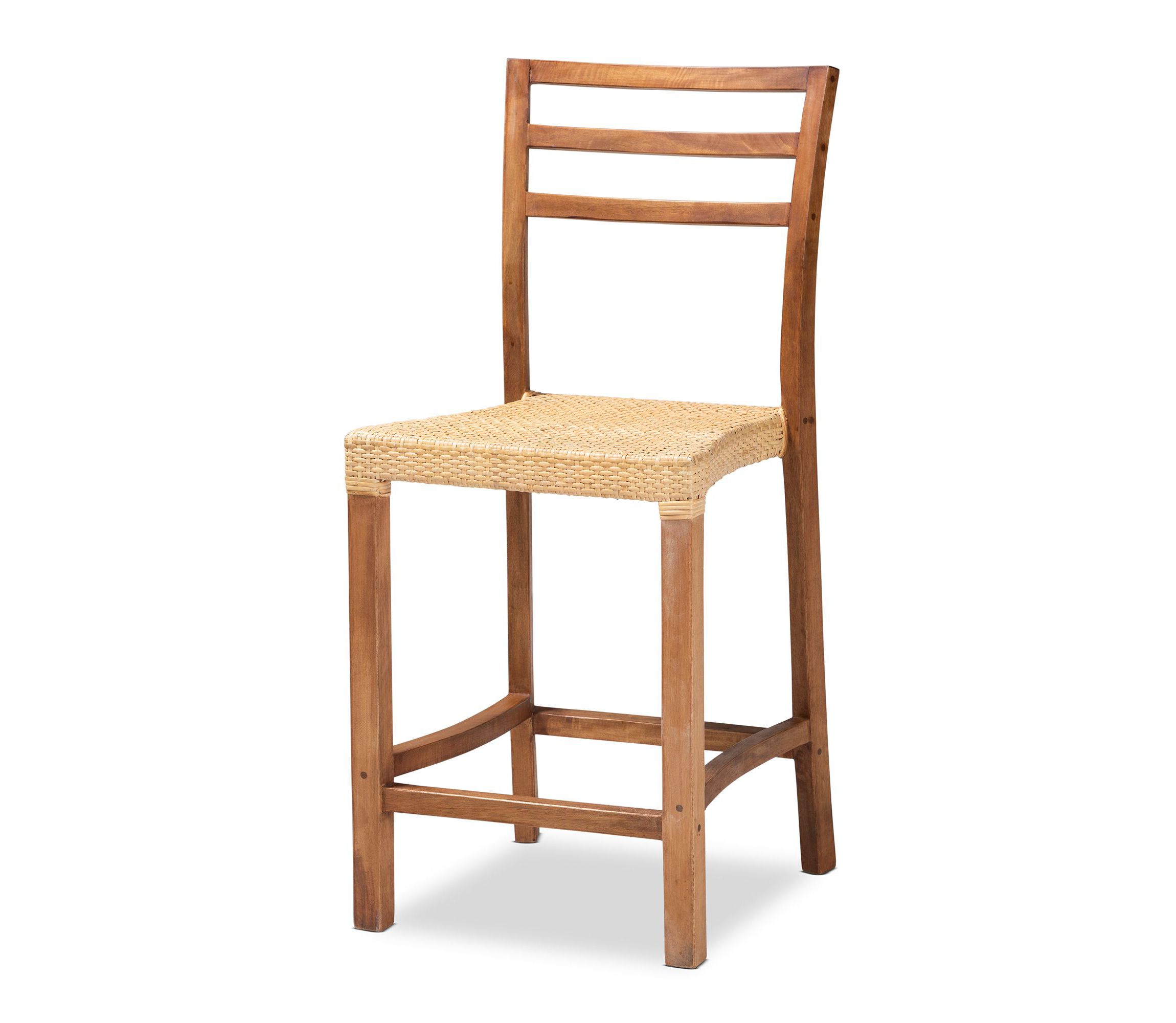 Arthur Mid-Century Modern Walnut Brown Mahogany Wood and Natural Rattan Counter Stool