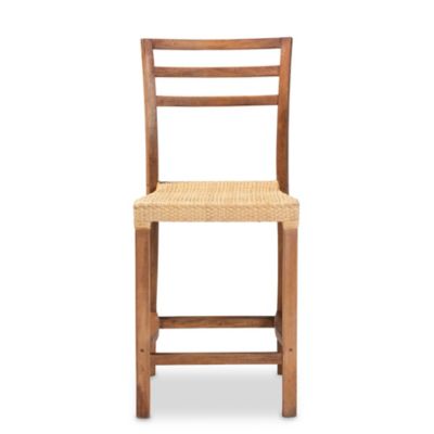 Arthur Mid-Century Modern Walnut Brown Mahogany Wood and Natural Rattan Counter Stool