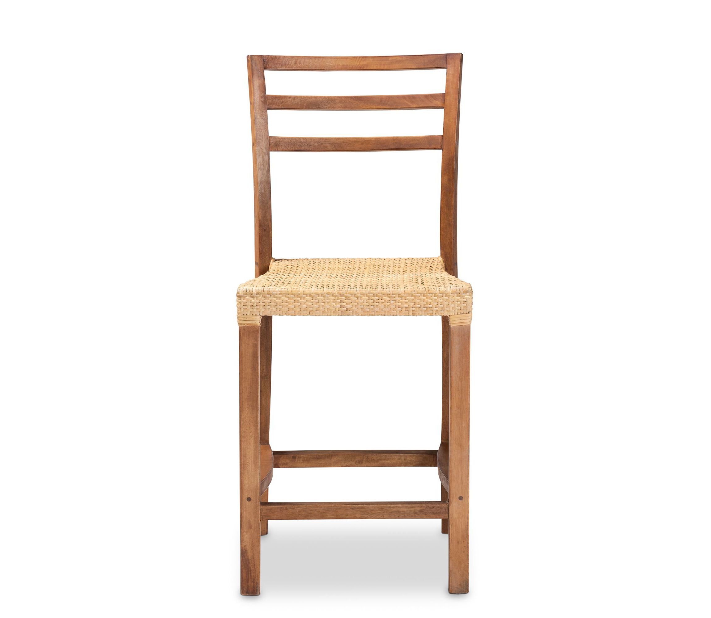 Arthur Mid-Century Modern Walnut Brown Mahogany Wood and Natural Rattan Counter Stool