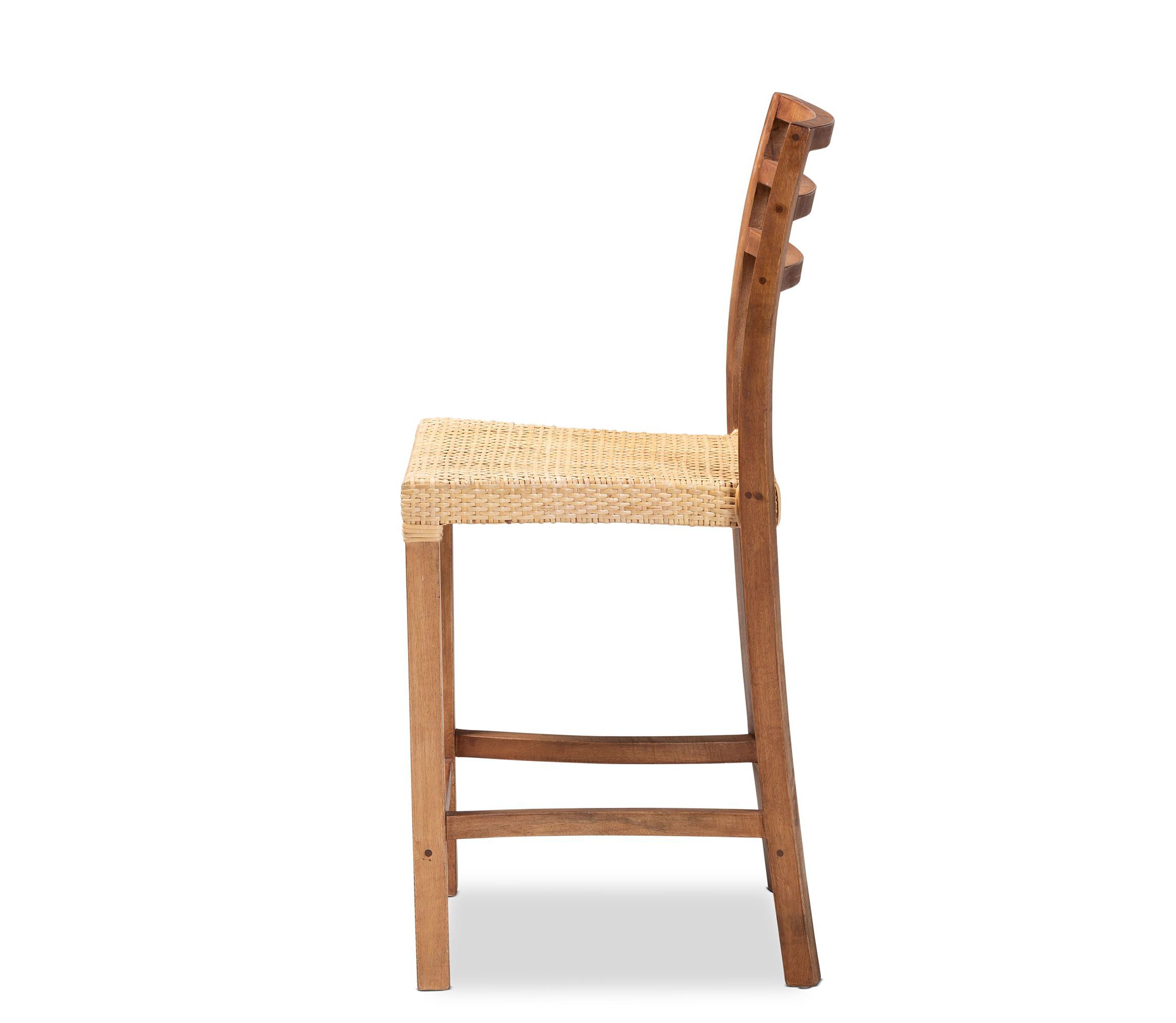 Arthur Mid-Century Modern Walnut Brown Mahogany Wood and Natural Rattan Counter Stool